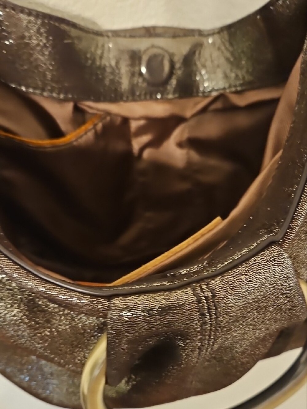Hobo Metallic Brown Leather Hobo Bag with Brass Accents and Detachable Strap. - Picture 5 of 9
